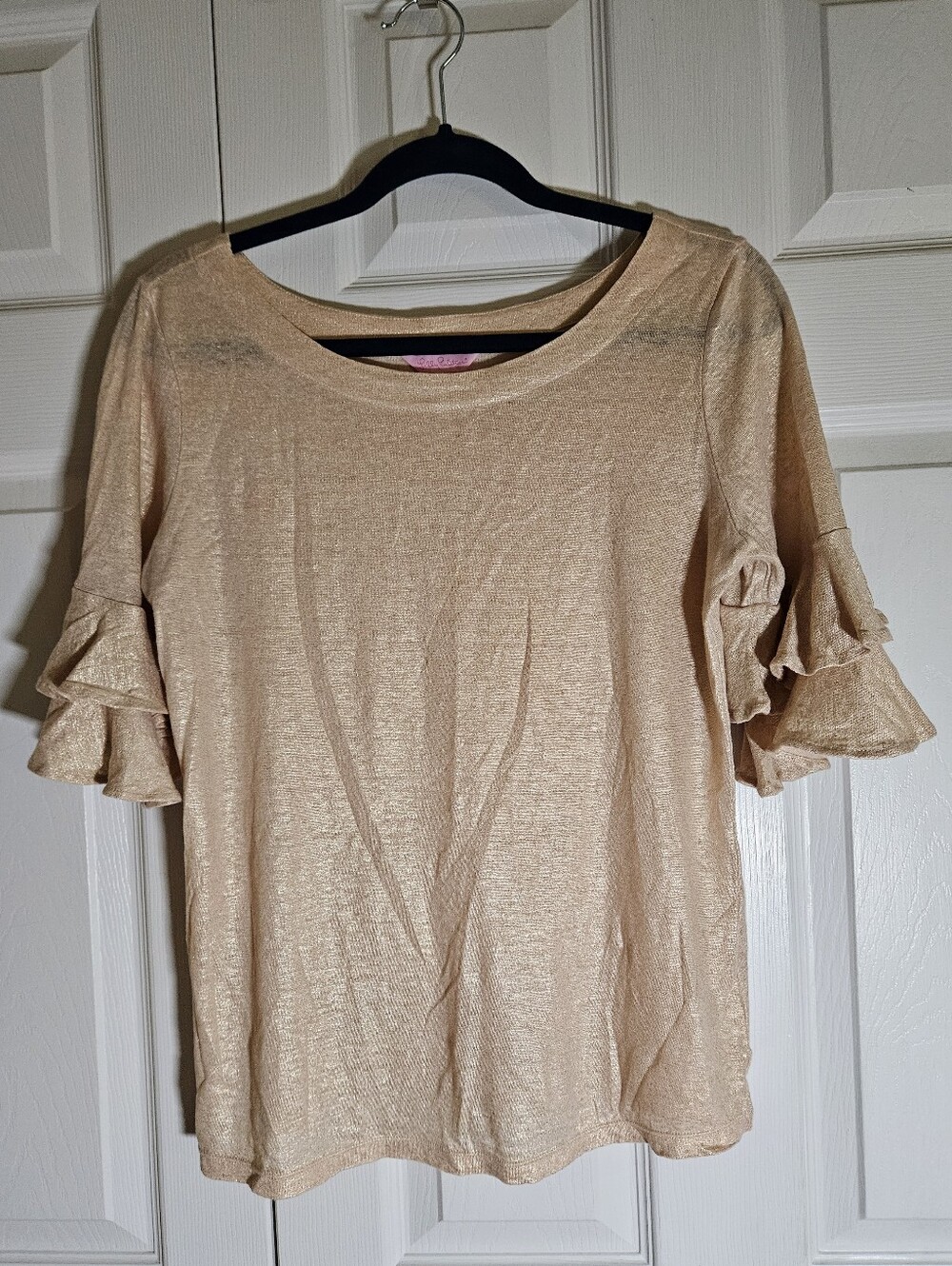 Lilly Pulitzer Lula Sand Dune Metallic Gold Linen Top Flounce Sleeve - Picture 3 of 13